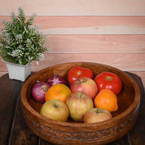 EDHAS Mango Wood Decorative Round Carved Bowl for Decoration, Cent...