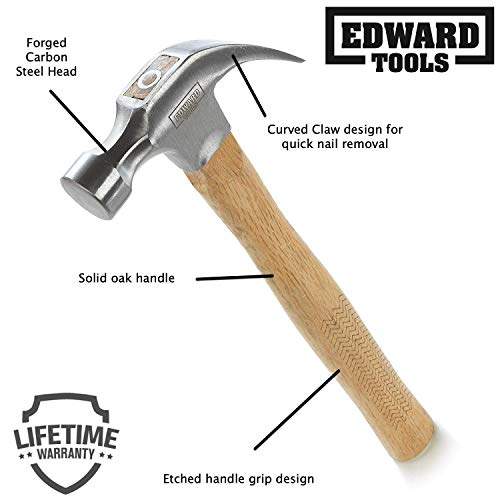 Edward Tools Oak Claw Hammer 16 oz - Heavy Duty All Purpose Hammer...
