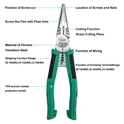Long Needle Nose Pliers Heavy Duty Linemans Pliers with Wire Stri...