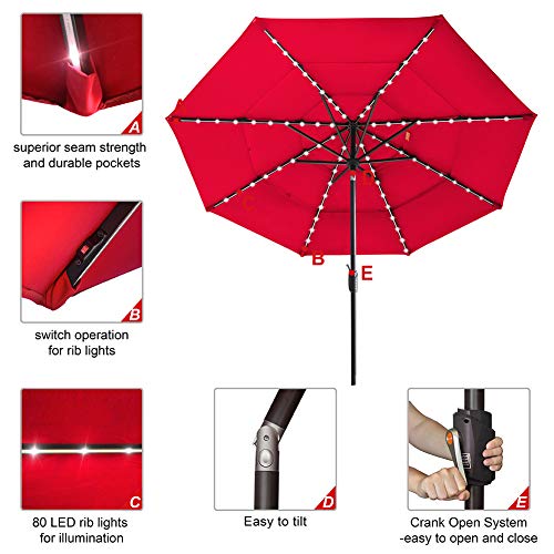 EliteShade Sunbrella Solar 9ft 3 Tiers Market Umbrella with 80 LED...