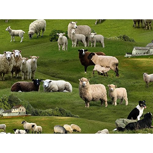 Sheep in The Meadow with Sheep Dogs Cotton Fabric