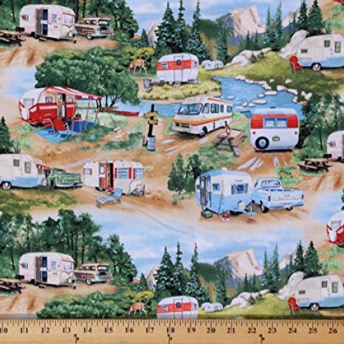 Cotton Vintage Trailers Camping Campers Outdoors RVs Cotton Fabri...