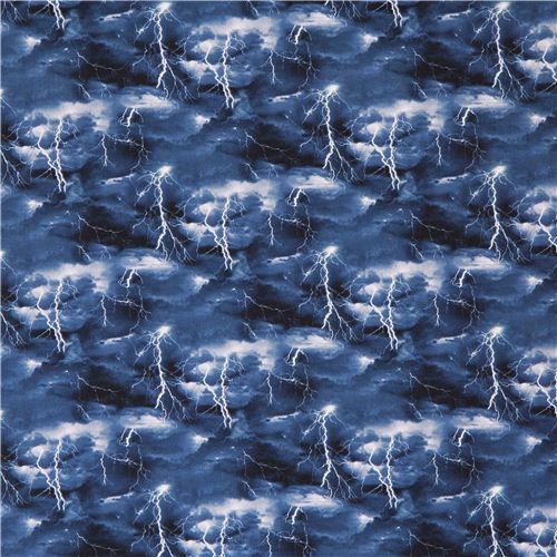 dark blue retro fabric with many black clouds and lightning per 0...