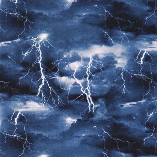 dark blue retro fabric with many black clouds and lightning per 0...