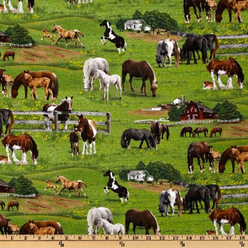 Elizabeths Studio Farm Animals 2011 Horses Green Quilt Fabric By ...