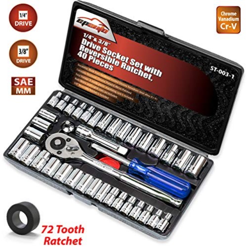40 Pieces - EPAuto 1/4-Inch & 3/8-Inch Drive Socket Set with 72 Te...