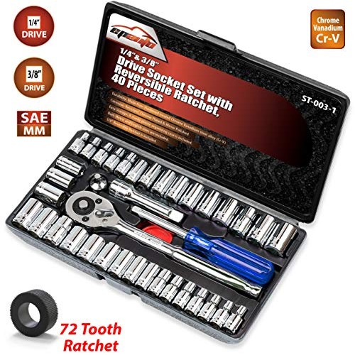 40 Pieces - EPAuto 1/4-Inch & 3/8-Inch Drive Socket Set with 72 Te...