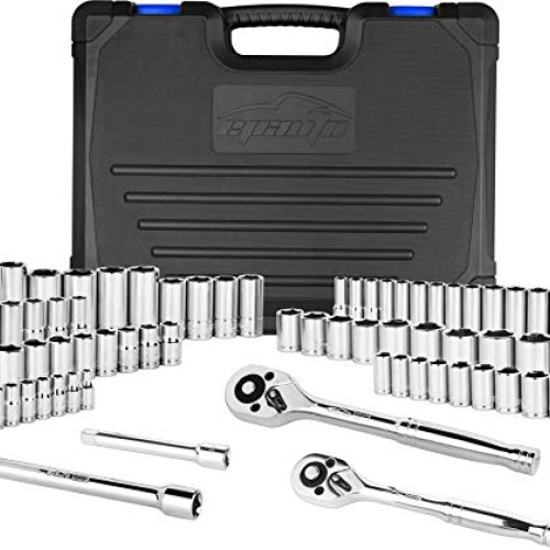 69 Pieces - EPAuto 1/4” & 3/8” Drive Socket Set with Pear Head Rat...