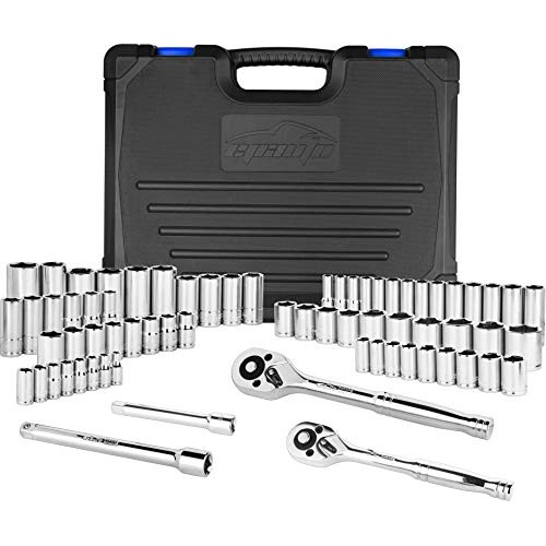 69 Pieces - EPAuto 1/4” & 3/8” Drive Socket Set with Pear Head Rat...