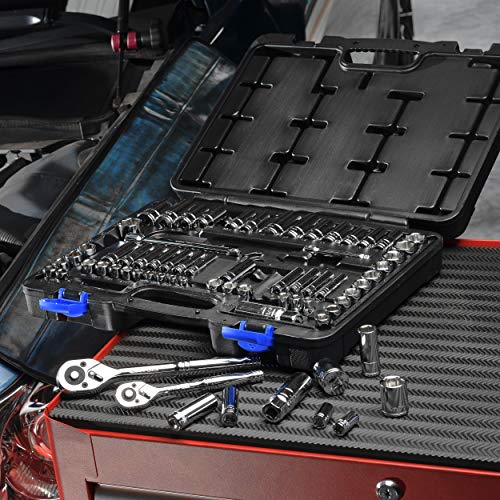 69 Pieces - EPAuto 1/4” & 3/8” Drive Socket Set with Pear Head Rat...