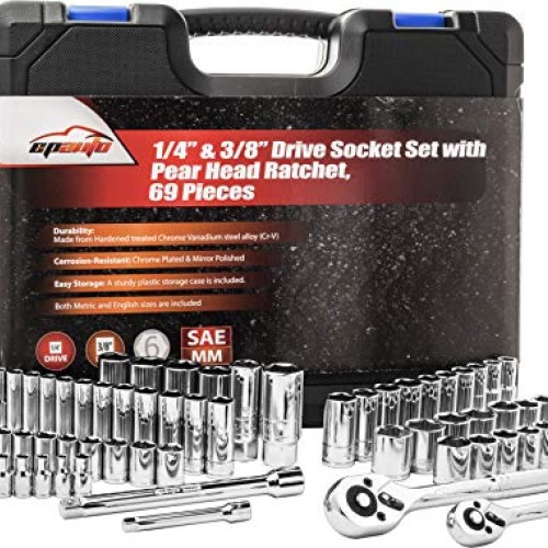 69 Pieces - EPAuto 1/4” & 3/8” Drive Socket Set with Pear Head Rat...