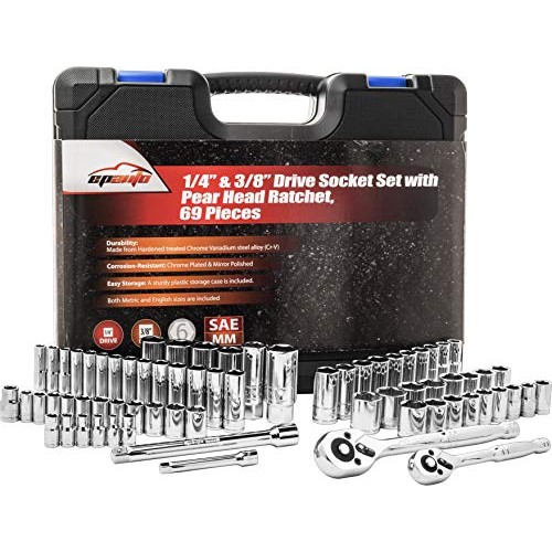 69 Pieces - EPAuto 1/4” & 3/8” Drive Socket Set with Pear Head Rat...