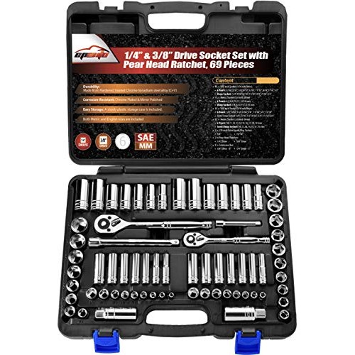 69 Pieces - EPAuto 1/4” & 3/8” Drive Socket Set with Pear Head Rat...