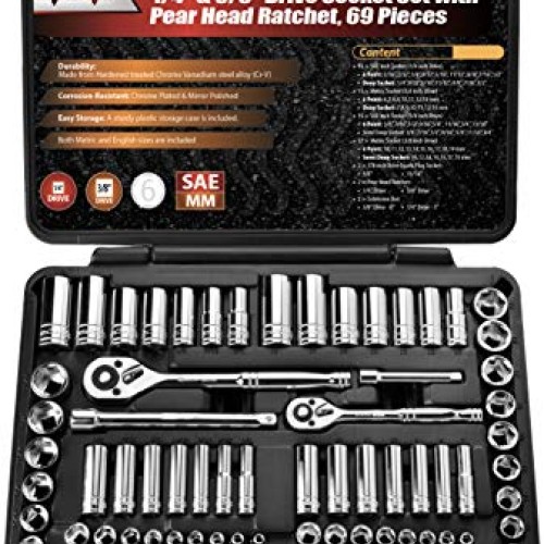 69 Pieces - EPAuto 1/4” & 3/8” Drive Socket Set with Pear Head Rat...