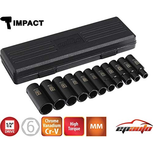 EPAuto 1/2-Inch Drive Metric Deep Impact Socket Set, Cr-V, 6 Point...