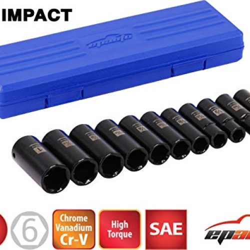 EPAuto 1/2-Inch Drive SAE Deep Impact Socket Set, Cr-V, 6 Points, ...