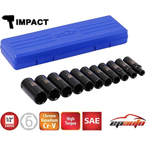 EPAuto 1/2-Inch Drive SAE Deep Impact Socket Set, Cr-V, 6 Points, ...