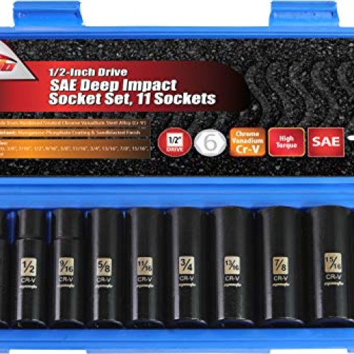 EPAuto 1/2-Inch Drive SAE Deep Impact Socket Set, Cr-V, 6 Points, ...