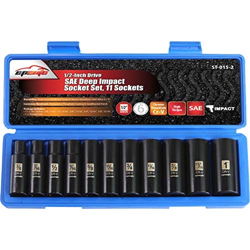 EPAuto 1/2-Inch Drive SAE Deep Impact Socket Set, Cr-V, 6 Points, ...
