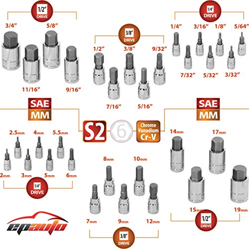 EPAuto 32 PCs Hex Bit Socket Set, SAE and Metric, S2 & Cr-V Steel