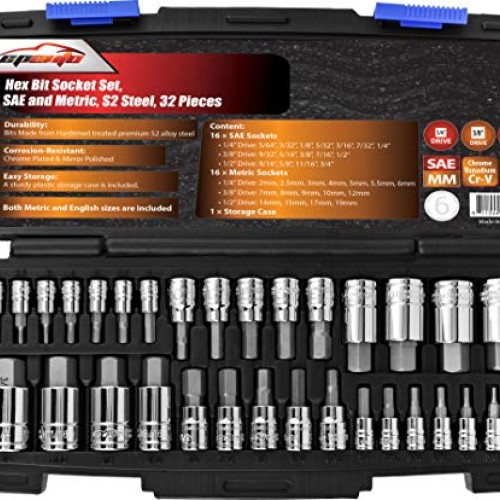 EPAuto 32 PCs Hex Bit Socket Set, SAE and Metric, S2 & Cr-V Steel