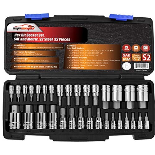 EPAuto 32 PCs Hex Bit Socket Set, SAE and Metric, S2 & Cr-V Steel