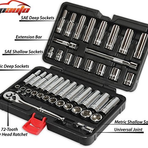 EPAUTO 45 Pieces 3/8 Drive Socket Set with 72-Tooth Pear Head Rat...