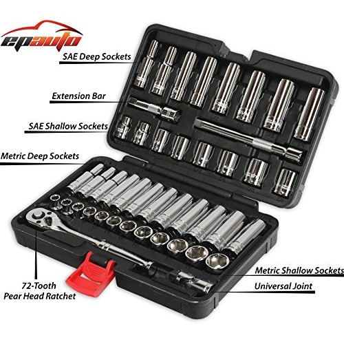 EPAUTO 45 Pieces 3/8 Drive Socket Set with 72-Tooth Pear Head Rat...