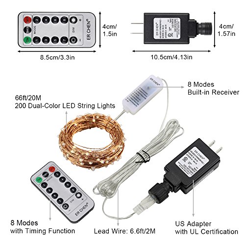 ErChen Dual-Color LED String Lights, 66 FT 200 LEDs Plug in Copper...