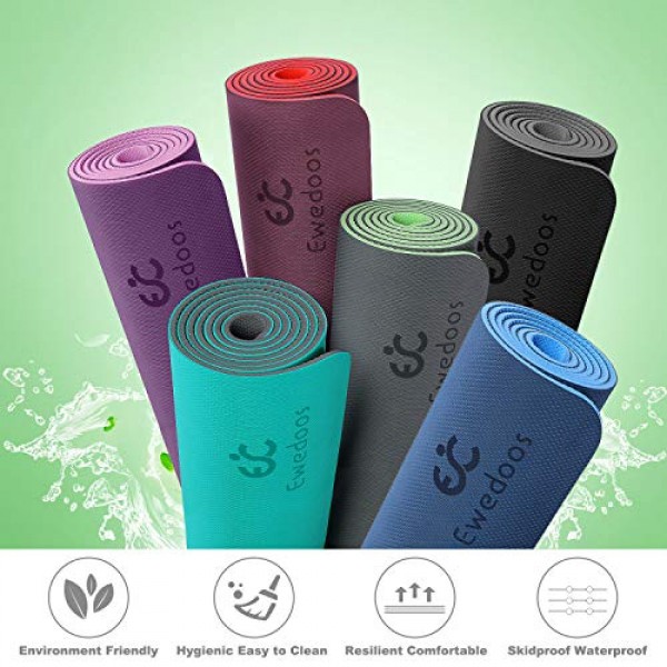 Pilates and Fitness Non Slip Workout Mat for All Type of Yoga Ewedoos Eco Friendly Yoga Mat TPE Non Slip Yoga Mat with Upgraded Textured Surface for Extra Grip Carrying Strap Included 