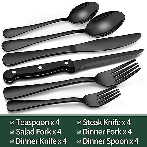 24-Piece Black Silverware Set with Steak Knives, Black Flatware Se...