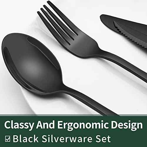 24-Piece Black Silverware Set with Steak Knives, Black Flatware Se...
