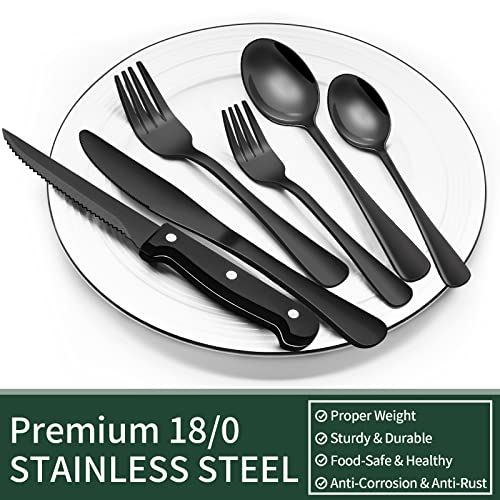 24-Piece Black Silverware Set with Steak Knives, Black Flatware Se...
