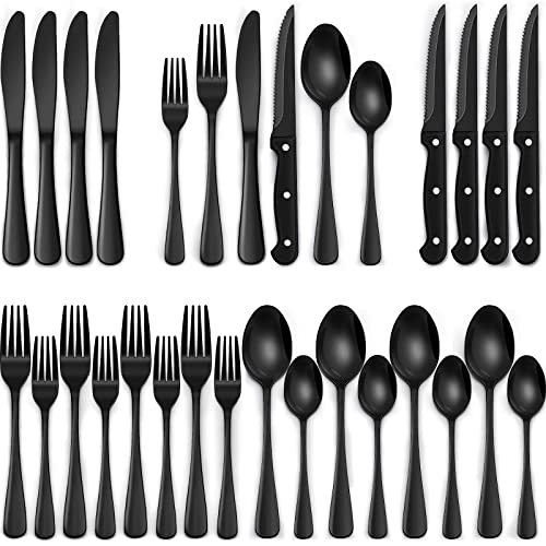 24-Piece Black Silverware Set with Steak Knives, Black Flatware Se...