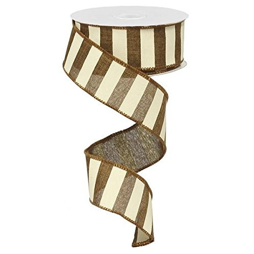 Brown White Striped Fabric Burlap Wired Ribbon 1.5 Inches x 10 Ya...