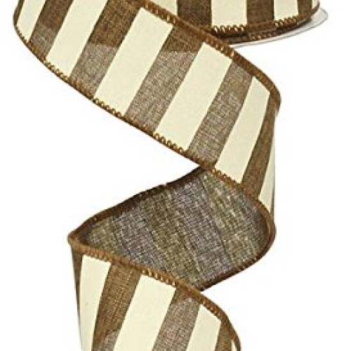 Brown White Striped Fabric Burlap Wired Ribbon 1.5 Inches x 10 Ya...