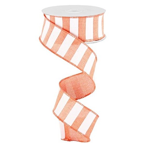Coral White Striped Fabric Burlap Wired Ribbon 1.5 Inches x 10 Ya...
