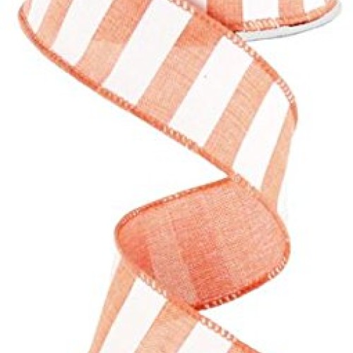 Coral White Striped Fabric Burlap Wired Ribbon 1.5 Inches x 10 Ya...