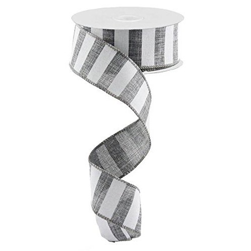 Grey White Striped Fabric Burlap Wired Ribbon 1.5 Inches x 10 Yar...