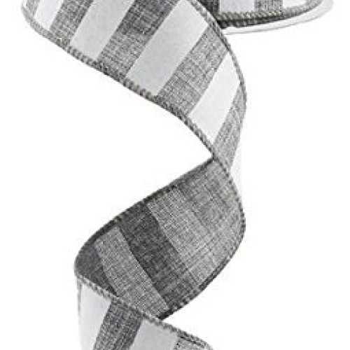 Grey White Striped Fabric Burlap Wired Ribbon 1.5 Inches x 10 Yar...