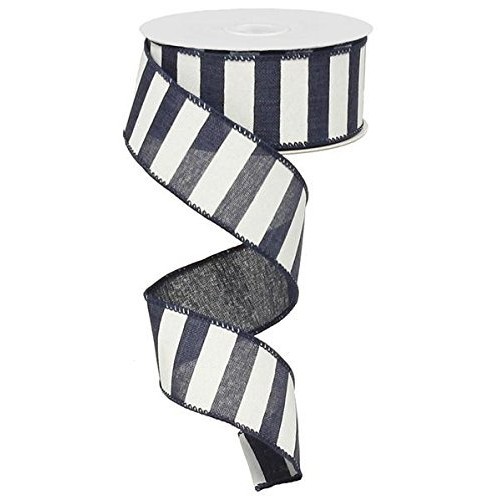 Navy Blue White Striped Fabric Burlap Wired Ribbon 1.5 Inches x 1...