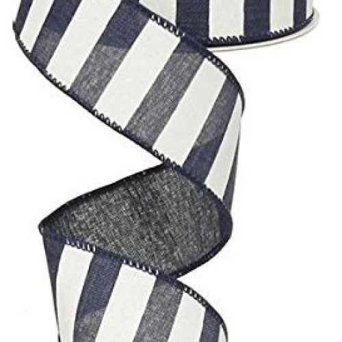 Navy Blue White Striped Fabric Burlap Wired Ribbon 1.5 Inches x 1...