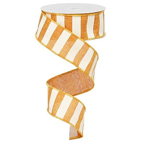Orange White Striped Fabric Burlap Wired Ribbon 1.5 Inches x 10 Y...