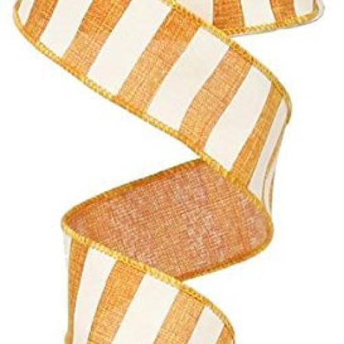 Orange White Striped Fabric Burlap Wired Ribbon 1.5 Inches x 10 Y...