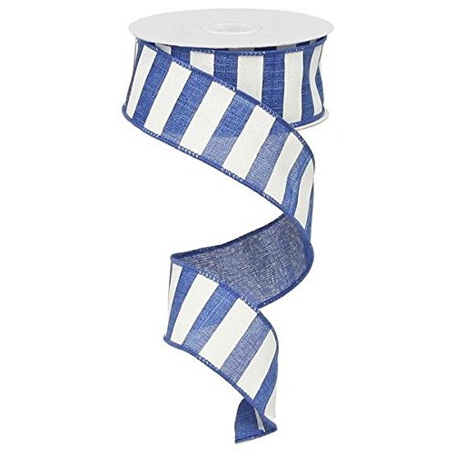 Royal Blue White Striped Fabric Burlap Wired Ribbon 1.5 Inches x ...