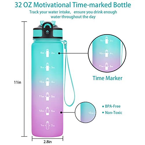 EYQ 32 oz Water Bottle with Time Marker, Carry Strap, Leak-Proof T...