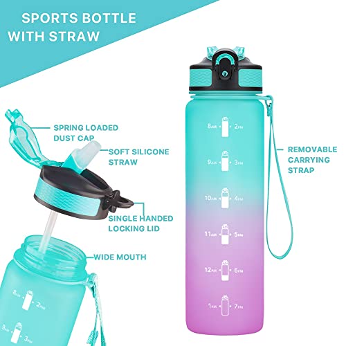 EYQ 32 oz Water Bottle with Time Marker, Carry Strap, Leak-Proof T...
