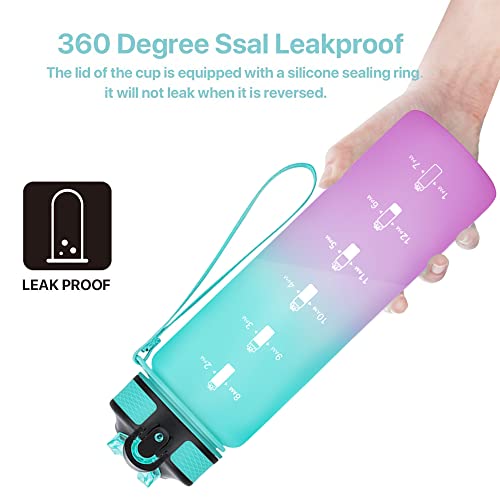 EYQ 32 oz Water Bottle with Time Marker, Carry Strap, Leak-Proof T...