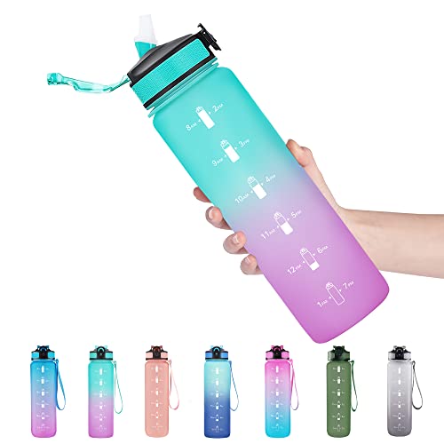 EYQ 32 oz Water Bottle with Time Marker, Carry Strap, Leak-Proof T...