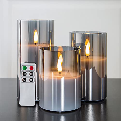 Eywamage Silver Grey Glass Flameless Candles with Remote, Flickeri...
